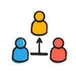 bottom up approach to leadership. 3 simple figures placed in a triangle formation with a line connecting the bottom 2 and a arrow going up from the middle of that line to point to the top person