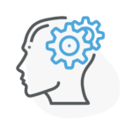 a simple illustration of a head profile with a blue gear wheel in the spot of the brain