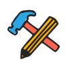 a colourful illustration of a pencil and a hammer